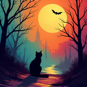 A Halloween cats town of cats