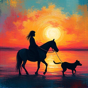 Kathi und Pia Auf dem Pferd in den Sonnenuntergang