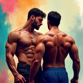 Two male bodybuilders big muscles