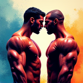 Two male bodybuilders big muscles