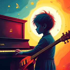 Child, happy, piano, guitar