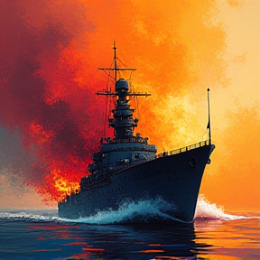 Warship in fire