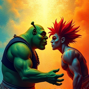 Shrek peleándose con Goku por ir al baño