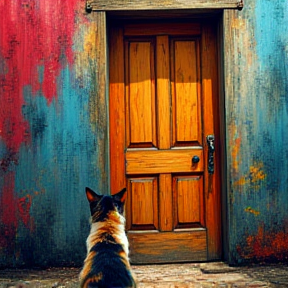 Aging Oak Door Before Curious Cats