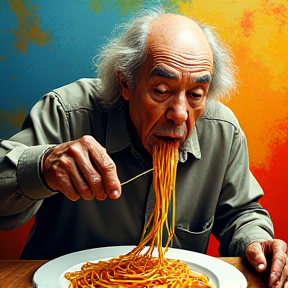 Old Man Eating Spaghetti with His Toes