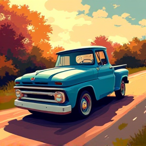 Travelling down the Country road in a blue pickup truck