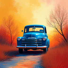 Travelling down the Country road in a blue pickup truck