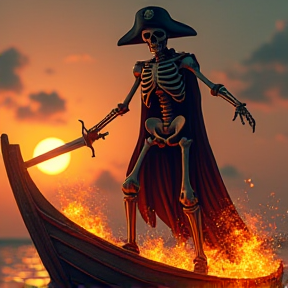 badass pirate skeleton on flaming boat with magic sword