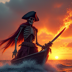 badass pirate skeleton on flaming boat with magic sword