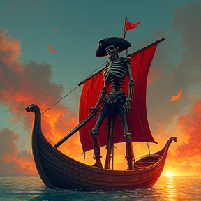 badass pirate skeleton on flaming boat with magic sword