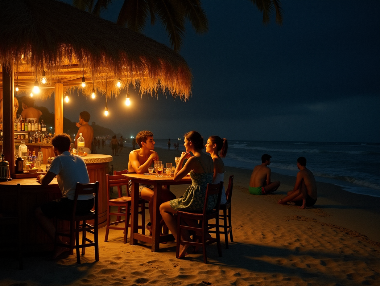 A beach bar around 1900, it's night, couples are sitting at tables and drinking