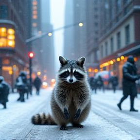 Snowy Raccoon in the City