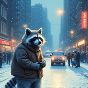 Snowy Raccoon in the City