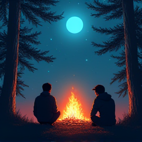 Two Brothers by the campfire in the shadows