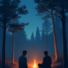 Two Brothers by the campfire in the shadows