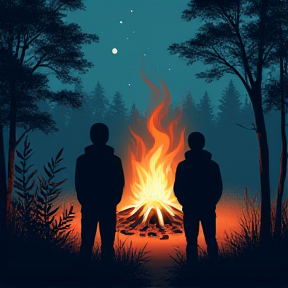 Two Brothers by the campfire in the shadows