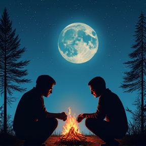 Two Brothers by the campfire in the shadows