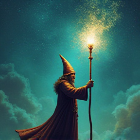 The wizard raises his staff