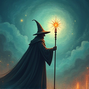 The wizard raises his staff