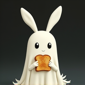 sheet ghost with bunny ears holding toast