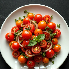 Tomatensalat mit roten Zwiebeln in Butter gebraten