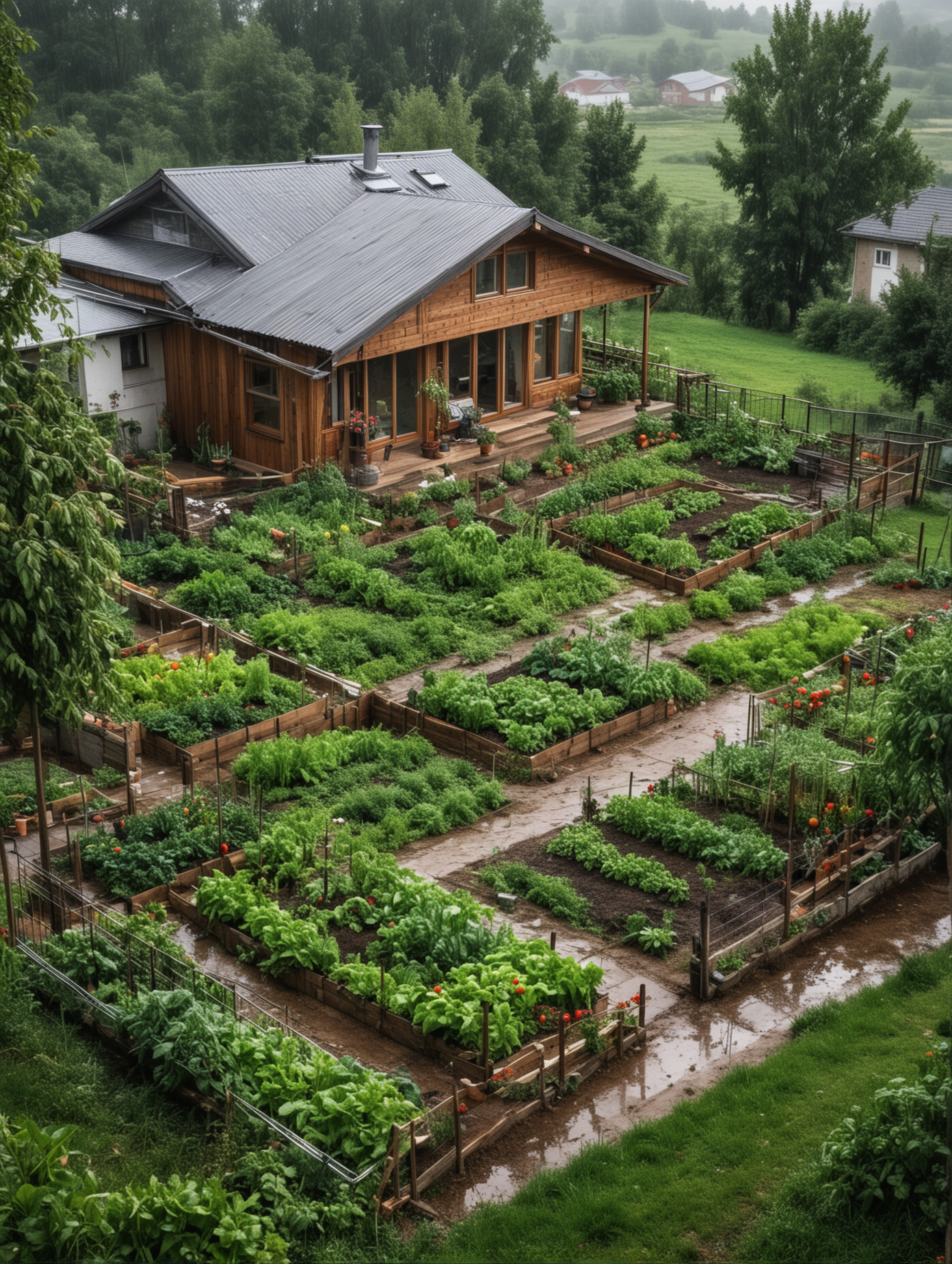 Rural house with yard, Modern style house, There is a vegetable patch in the yard, overlook, rainy