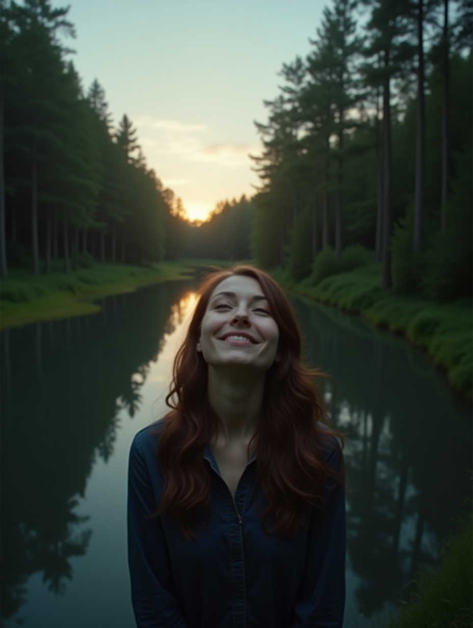 [Extremely detailed, Eye-level, POV] A figure looking upwards with a peaceful expression, shown in a medium shot against a calm, forested riverbank at dusk. Soft, warm light from the setting sun filters through the trees, suggesting reassurance and past comfort. Captured with a wide-angle lens, deep depth of field, rich and vivid coloring, 64K resolution, in the style of Lem Chmiel. 