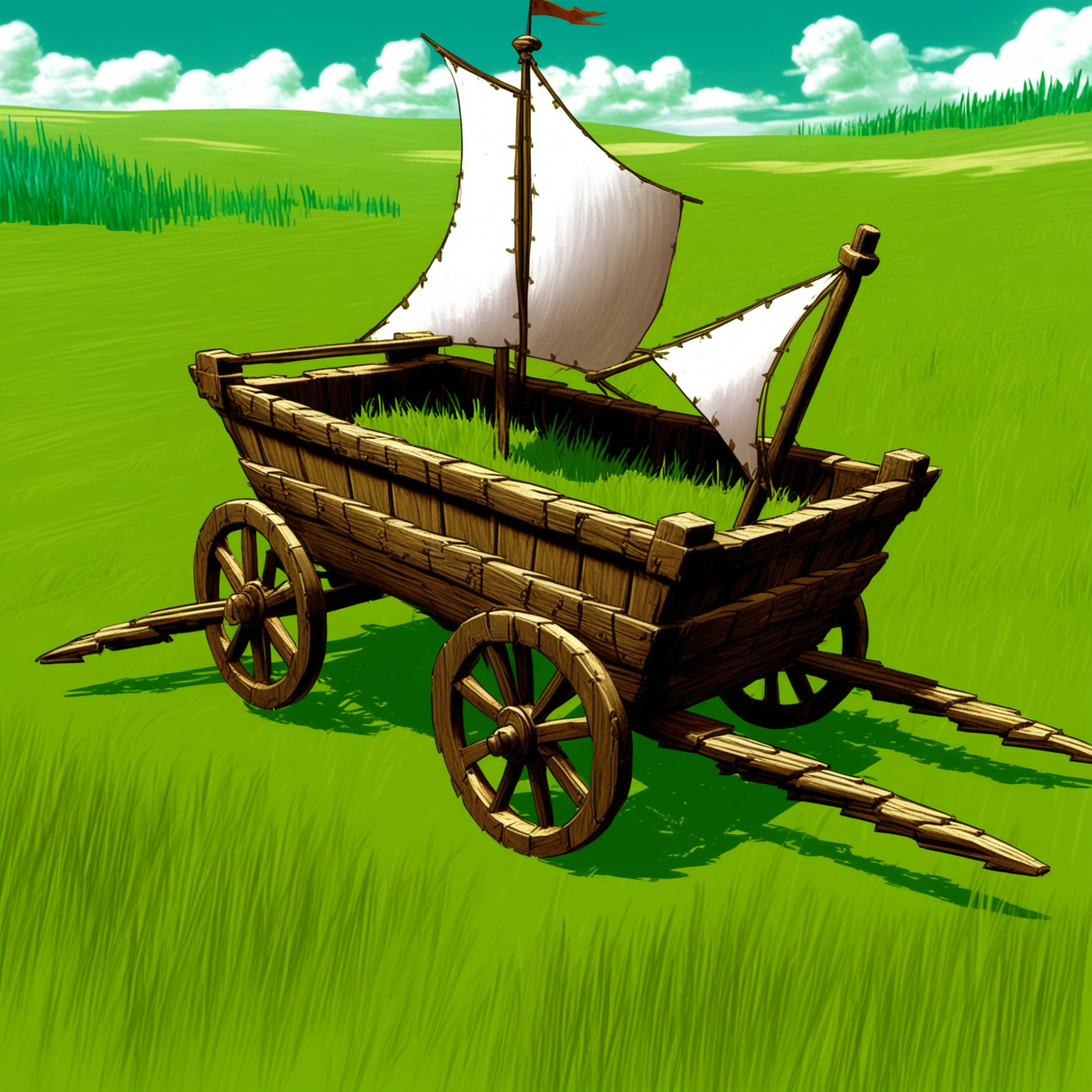 medieval wooden cart with sails, grassland, plain, concept art, psx style, nintendo 64