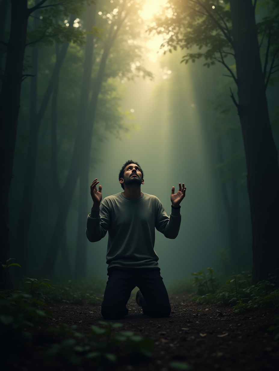 An adult figure on their knees, looking upward with a distressed expression, hands slightly raised as if calling out for help, shown from a mid-range perspective. They are surrounded by dense, dark forest as rays of light break through, representing the hope of divine presence amidst darkness. Captured with a wide-angle lens, deep depth of field, rich and vivid coloring, 64K resolution, in the style of Lem Chmiel.