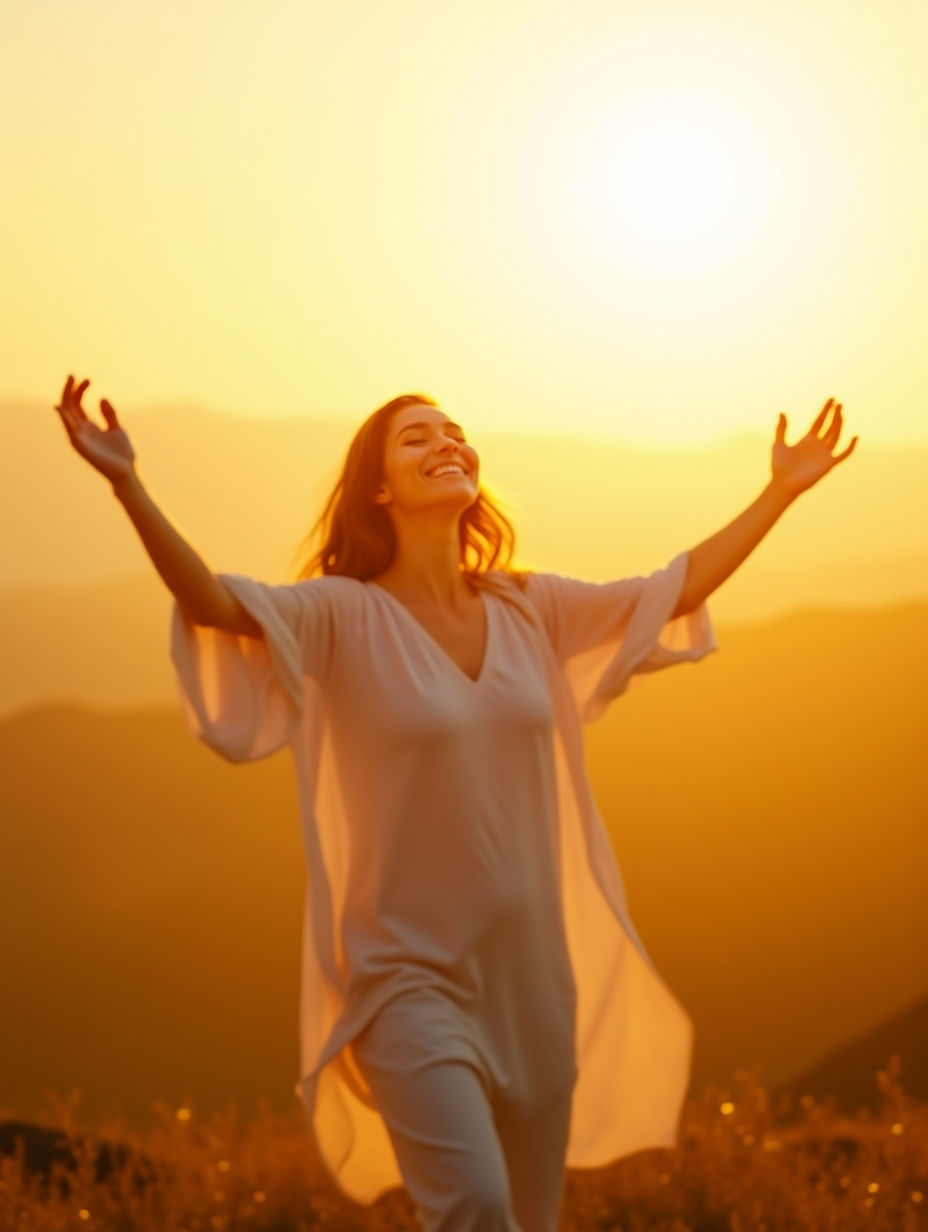 An adult believer now lifted in quiet, joyous expression, basking in the light, radiant smile and arms lifted slightly, palms open as though receiving blessing [More Details] Clothing flows gently, in harmony with the environment, symbolizing peace [Pose or Action] Standing in a relaxed stance, arms spread slightly, looking up with joy [Framing] Wide shot capturing both the subject and the light around them [Setting/Background] Open hilltop bathed in golden light, vast landscape stretching beyond [Lighting] Brilliant golden light surrounding the figure, casting a glow around them. Captured with a wide-angle lens, deep depth of field, rich and vivid coloring, 64K resolution, in the style of Lem Chmiel