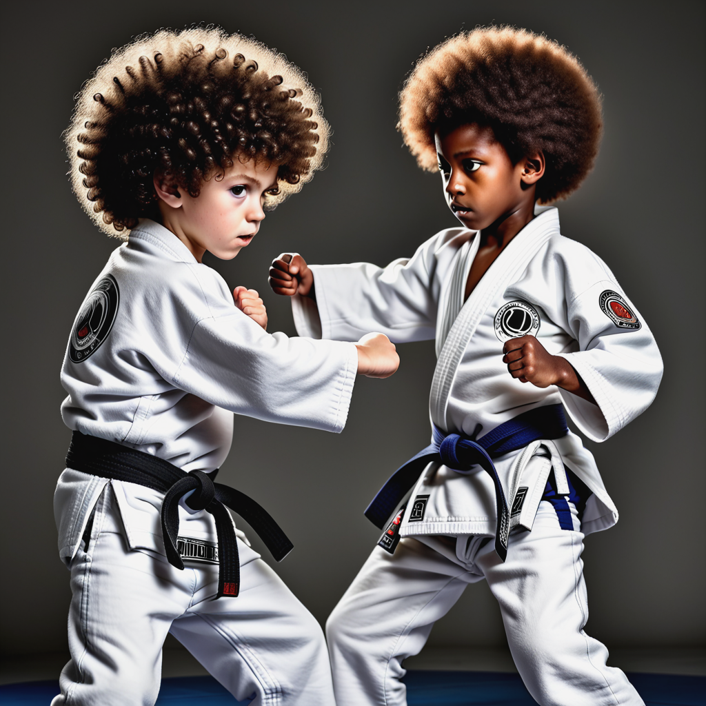 A boy with curly hair and a giant afro, big ears, fighting jiu jitsu with a black boy, both have to be well sweated