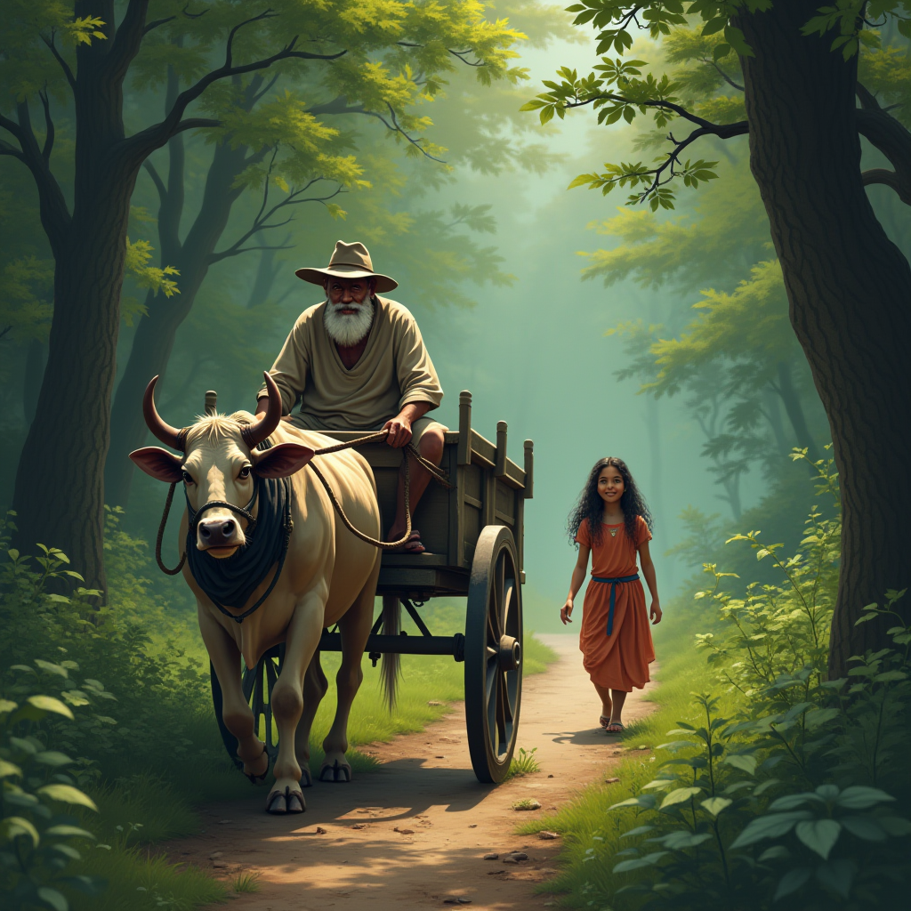 There is a bullock cart in the thick forest, an old man and a boy are traveling in that bullock cart, a beautiful girl is walking behind the bullock cart, the boy in the bullock cart is looking at the girl coming behind the bullock cart, the girl calls him.