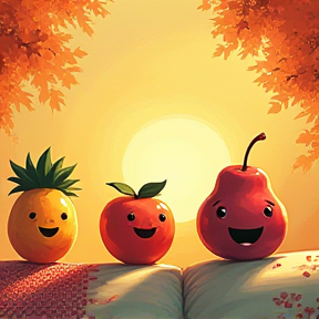 Five little fruits jumping on the bed