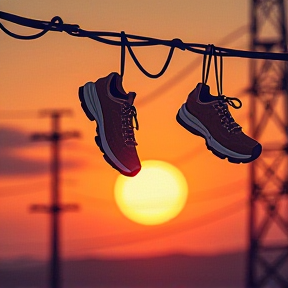 Shoes hung on the powerline sunset