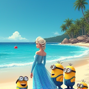 Elsa and Minions on the Shore