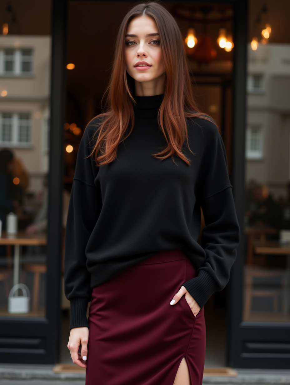 Professional photography woman with long dark auburn hair. In a large black sweater and classic pencil skirt below the knee burgundy color with a split in front. In the background window and doors of an urban café, daylight