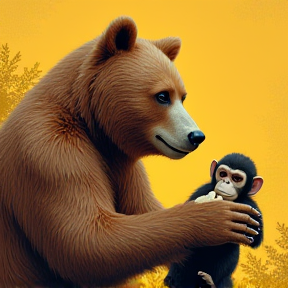 Brown bear with a monkey and banana