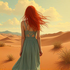 Sad redhead girl in desert