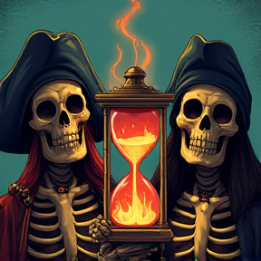 two badass skeleton pirates holding hourglass with flaming eyes