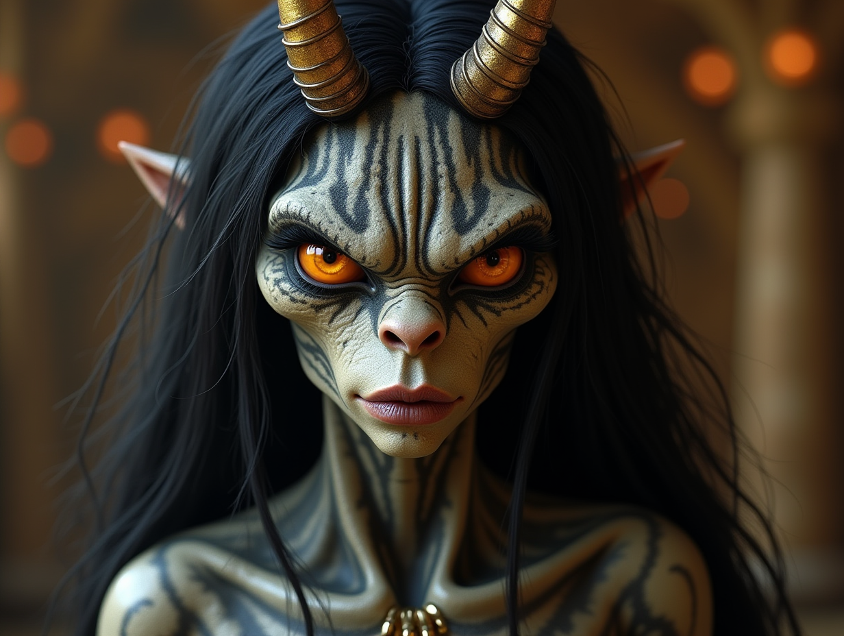 Young black and white patterned troll with young black-white patterned, alien face, long neck, sharp chin, with black hair, with a zornig im Gesicht emphasized her anger, modern, in a temple of much gold, different shades 4k colorful Steampunk