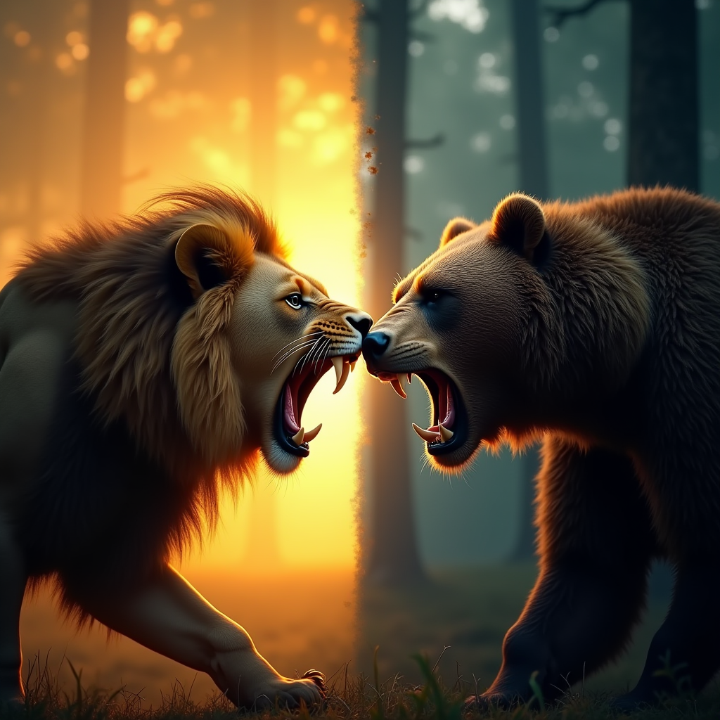 Design an ultra-realistic, dramatic YouTube thumbnail. Depict a fierce faceoff between a roaring lion and a growling grizzly bear. Set the background with a split terrain: the left side featuring a golden savanna, and the right side a dense, shadowy forest. Ensure dynamic lighting highlights the intense expressions of the animals, with vibrant colors and high contrast to make the image eye-catching. Maintain a clean and vivid composition with no text or overlays, focusing entirely on the visuals of the lion and bear. Size: 1024x1024 pixels.