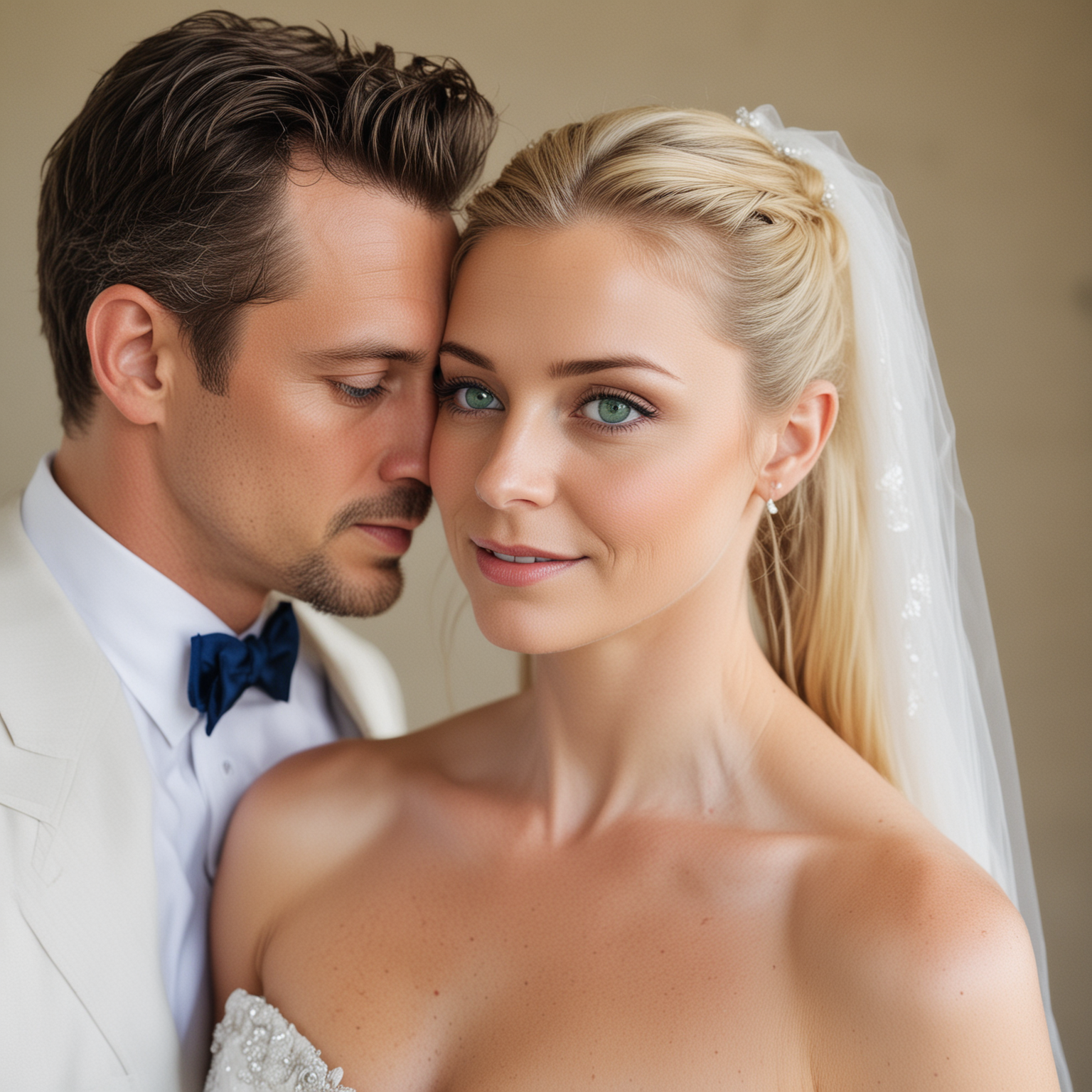 a 40 year old blonde woman ponytail blue eyes wedding dress with taller man 50 years green eyes salt and pepper hair