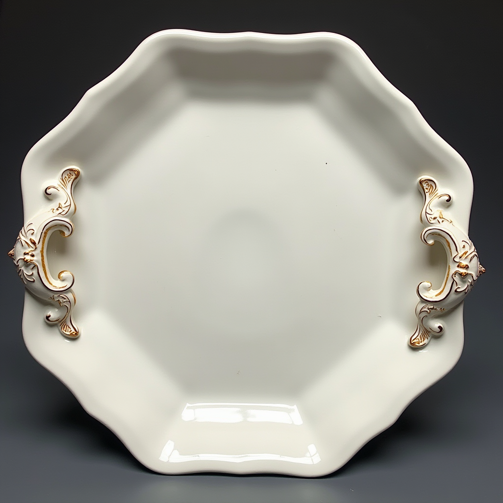 Octagonal with rounded corners white ceramic serving dish with embossed beautiful handle, Fine art, Hyper detailed, Antique and old, Qajar art, Iranian Tabriz carpet design