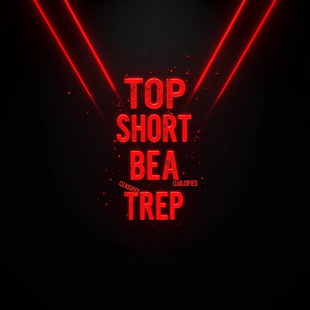 Military-style YouTube profile picture, black matte background with red diagonal laser lines, the words 'TOP' (large), 'SHORT', 'BEA', 'TREP' arranged vertically in glowing stencil font, 'CLASSIFIED' stamps in corners, fingerprint smudges, cinematic lighting, 8K ultra-detailed, cyberpunk aesthetic