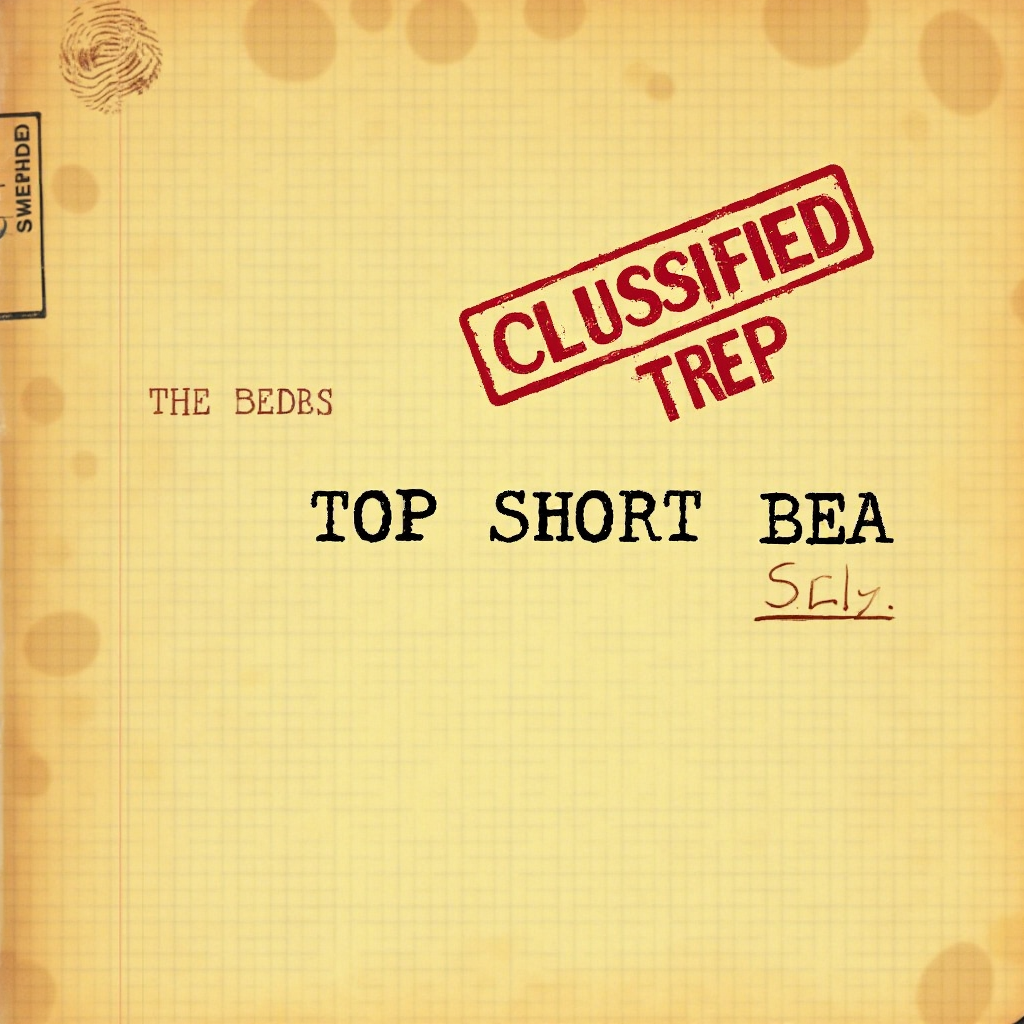Vintage CIA document style YouTube profile, aged yellow paper background with coffee stains and fold marks, typed words 'TOP' (prominent), 'SHORT', 'BEA', red 'CLASSIFIED' stamp with fingerprint, handwritten 'CUBSIFIED' with ink smudge, slanted red 'TREP'. Include 'EYES ONLY' red banner, faint typewriter in background, pencil grid lines, 'IR-1953-28' file number, approved release stamp, 1960s secret document aesthetic, ultra-detailed 8K --ar 1:1 --v 6