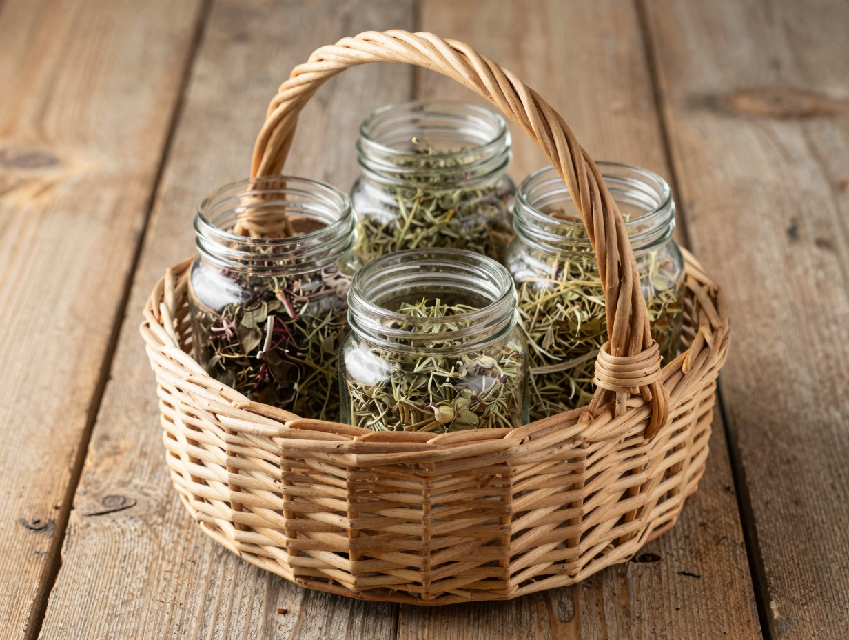투박한 나무 탁자 위에 말린 허브가 담긴 유리병들과 짜임새 있는 바구니가 놓인 평온한 모습입니다.