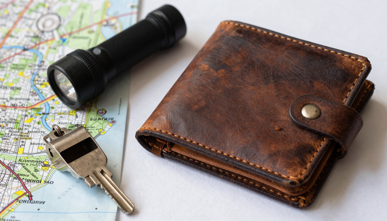낡은 가죽 지갑, 철제 열쇠, 손전등, 호신용 스프레이, 지도, 휘슬이 놓인 실사 이미지.