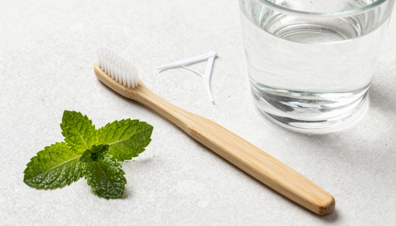 하얀 돌 위 대나무 칫솔과 민트 잎, 실크 치실, 물컵이 놓인 깨끗하고 자연 친화적인 욕실 용품 구성.