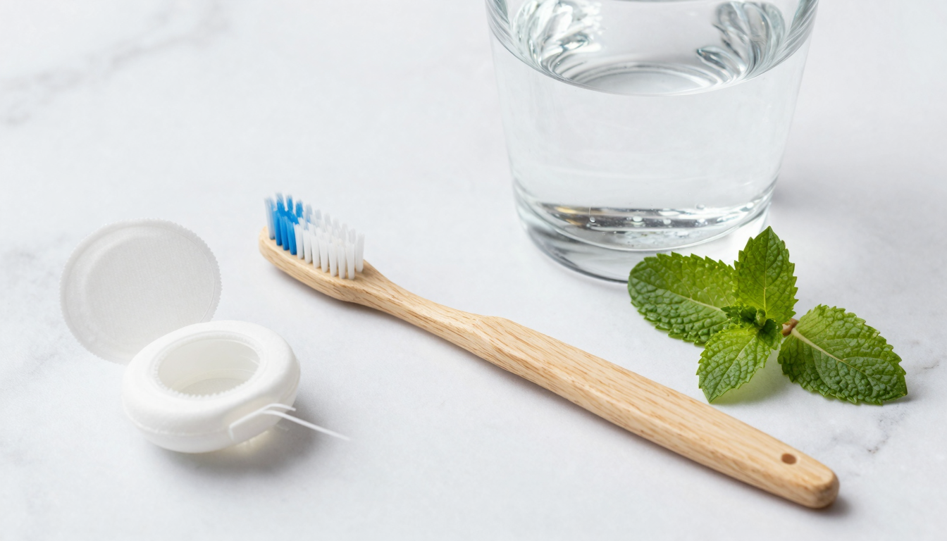 하얀 대리석 위에 놓인 칫솔, 치실, 물컵과 싱그러운 민트 잎이 조화를 이룬 깨끗한 구강 관리 용품 모습.