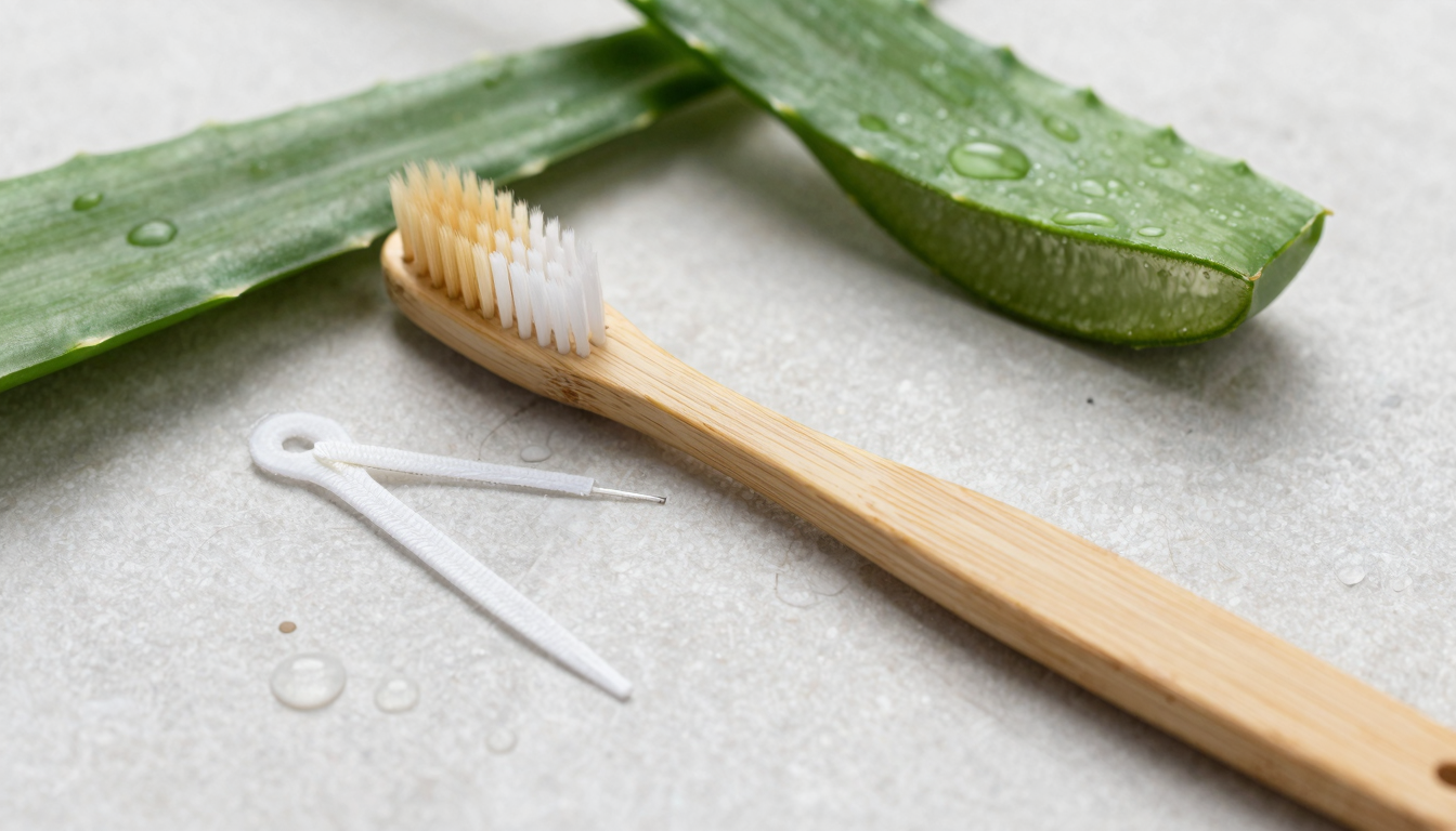 부드러운 대나무 칫솔과 치실, 알로에 잎이 물방울 맺힌 돌 타일 위에 놓인 정갈하고 깨끗한 모습.
